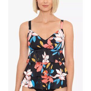 Swim Solutions Womens Triple-Tier Tankini Top Floral Black Size 8 MSRP $72